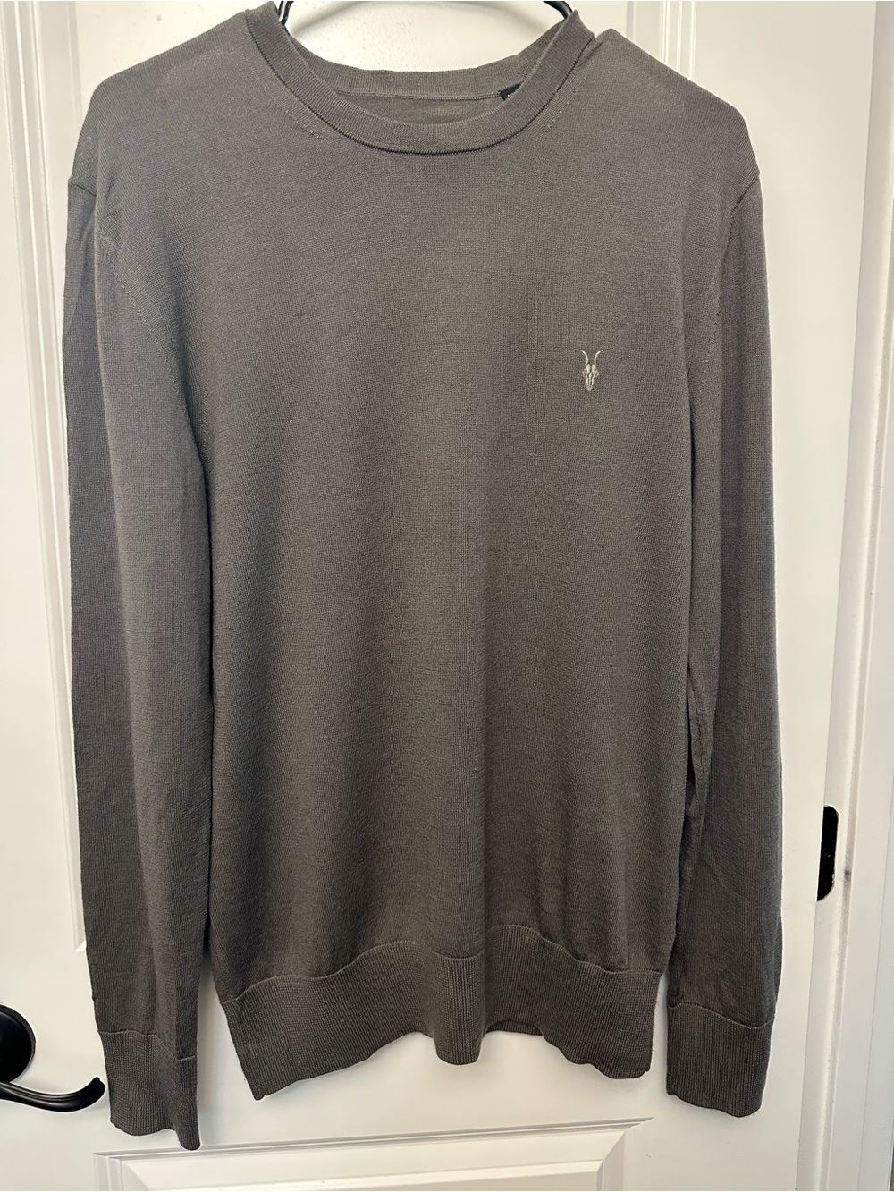 AllSaints Men's Crewneck Sweater - Charcoal Gray 100% Merino Wool Size Medium